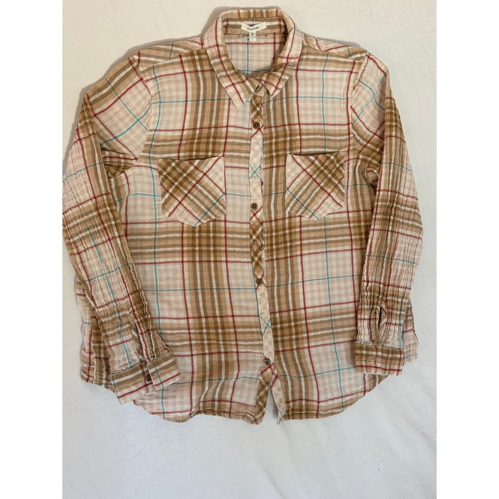Maurices Womens Large Brown Plaid Button Down Long Sleeve Gauze Shirt Top